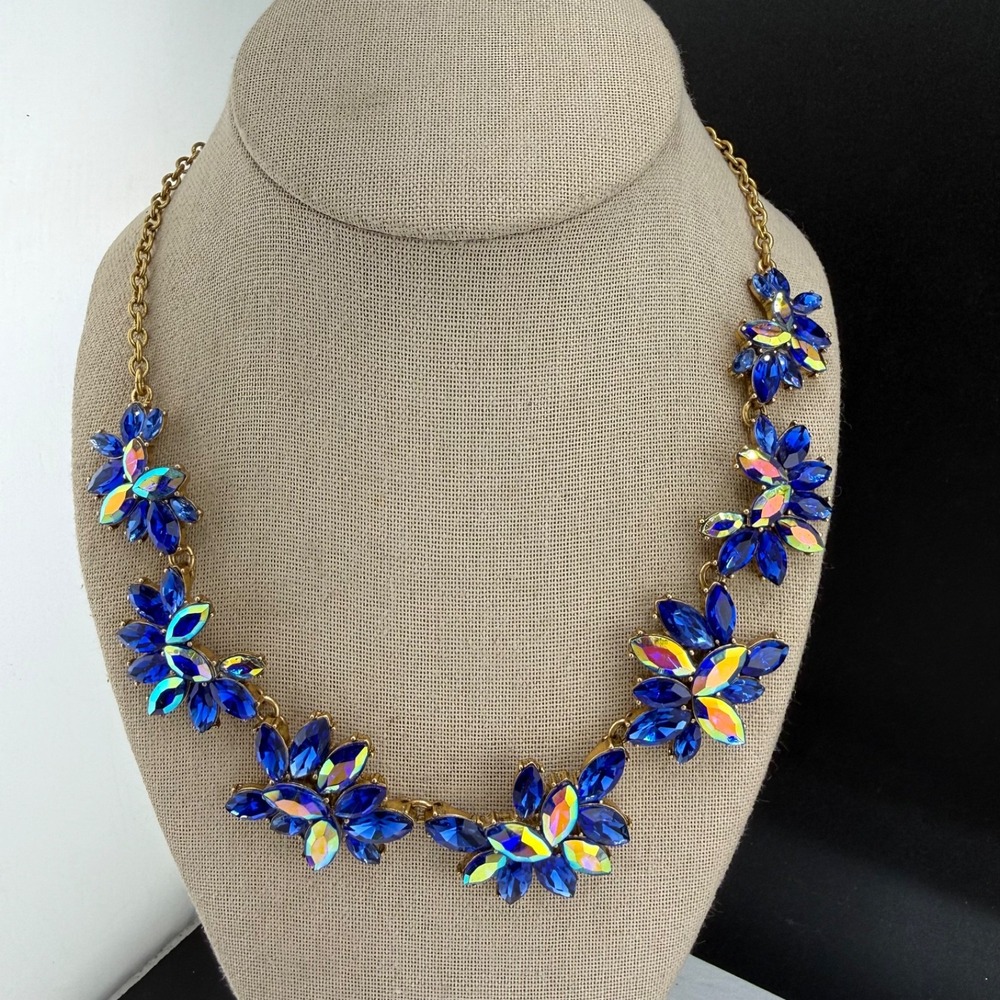 J.CREW Necklace Gold Rhinestone Blue AB Floral Statement 18"